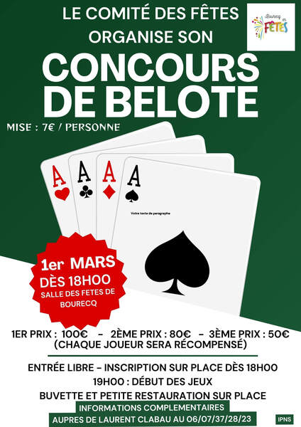 Concours de belote à Mazinghem le samedi 1 mars