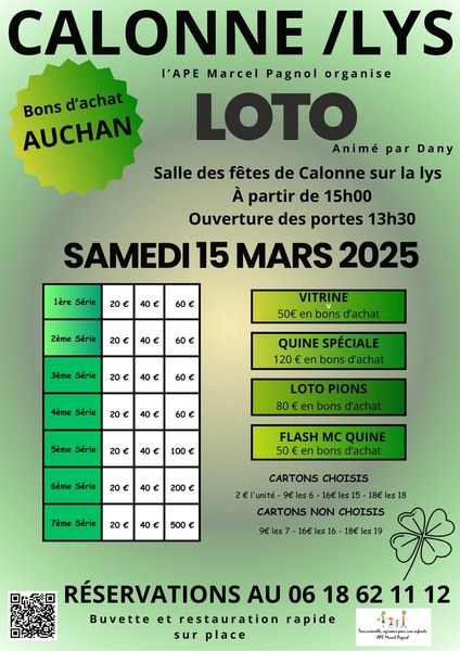 Loto à Calonne sur la Lys le samedi 15 mars