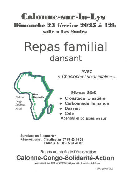 Repas dansant à Calonne sur la Lys le dimanche 23 février