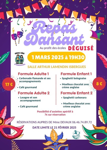 Repas dansant ce samedi 1 mars des 19h30 dans la salle arthur lamendin à Isbergues