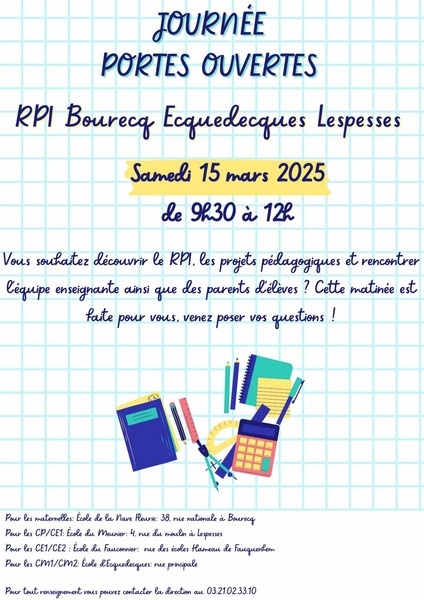 portes ouvertes du RPI de bourecq, Ecquedecques et Lespesses le samedi 15 mars de 9h30 à 12h.