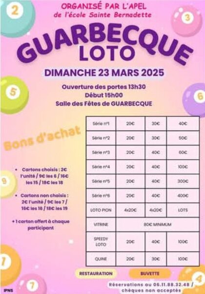 Loto à Guarbecque le dimanche 23 mars