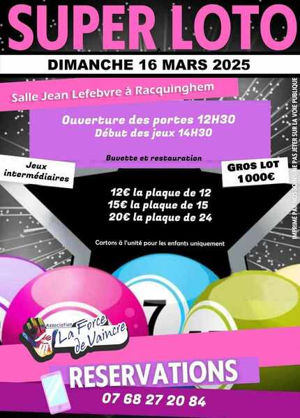 Loto organisé à Racquinghem le dimanche 16 mars