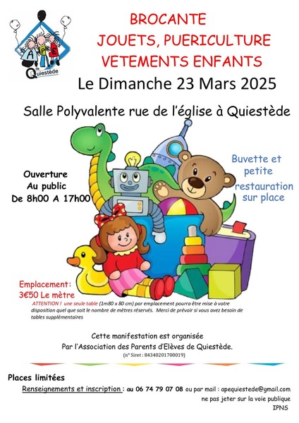 Brocante puériculture, vêtements enfants et jouets ce dimanche 23 mars de 8h à 17h à Quiestede.