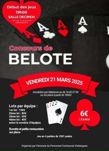 Concours de belote à Isbergues le vendredi 21 mars des 18h