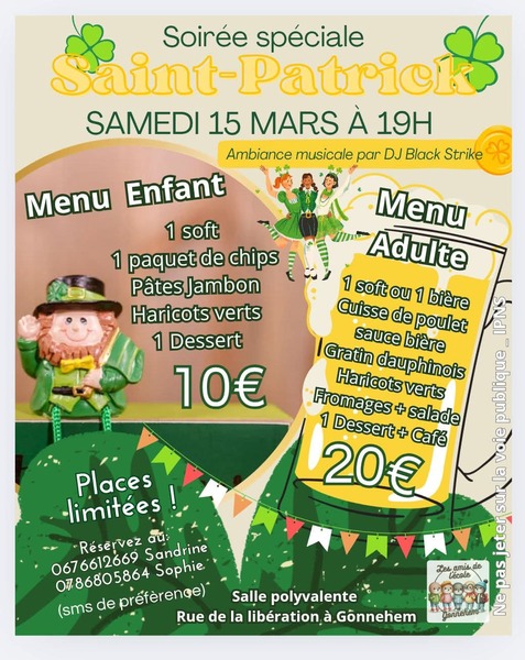 Soirée de la saint patrick le samedi 15 mars à Gonnehem