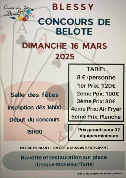 Concours de belote ce dimanche 16 mars