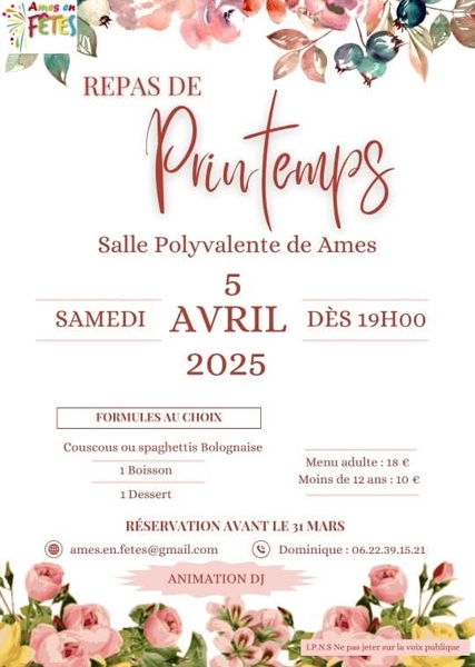 Repas de printemps à Ames le samedi 5 avril