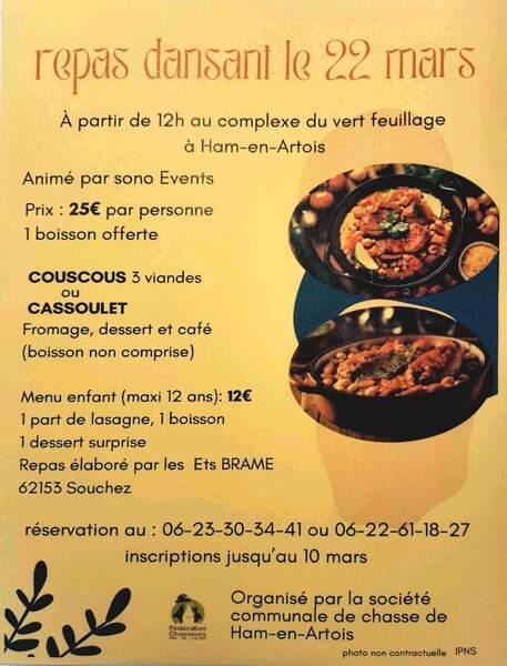 Repas dansant le samedi 22 mars dans la salle de Ham En Artois