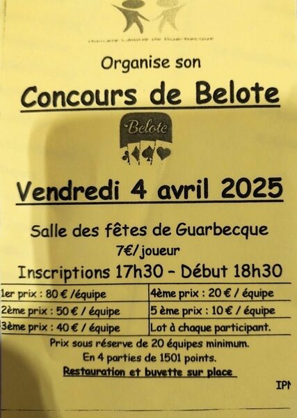 Concours de belote à Guarbecque le vendredi 4 avril