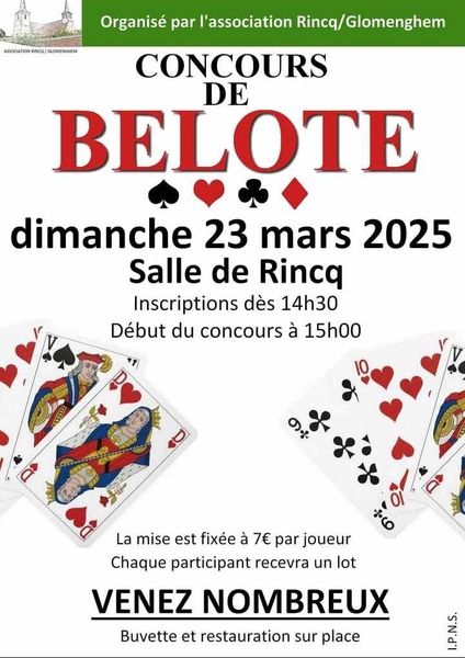 Concours de belote à Aire sur la Lys le dimanche 23 mars