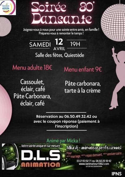 Soirée dansant années 80 à Quiestéde le samedi 12 avril