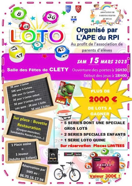 Loto ce samedi 15 mars dans la salle des fêtes