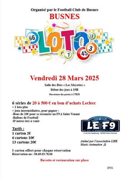 Un loto est organisé à Busnes ce vendredi 28 mars