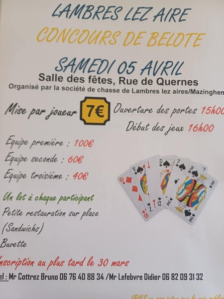 Concours de belote à Lambres le samedi 5 avril