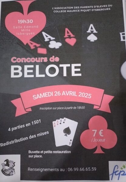 Concours de belote ce samedi 26 avril à Isbergues