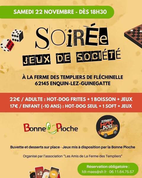Une soirée jeux de société est organisée à Enquin les Guinegatte ce samedi 22 novembre