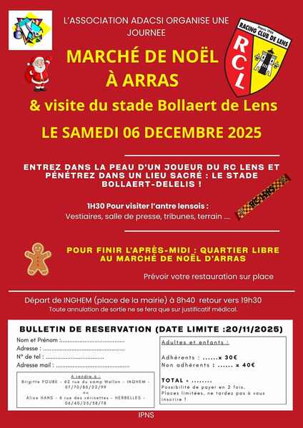Visite du stade de lens et du marché de Noel de Arras ce samedi 6 décembre depuis Inghem