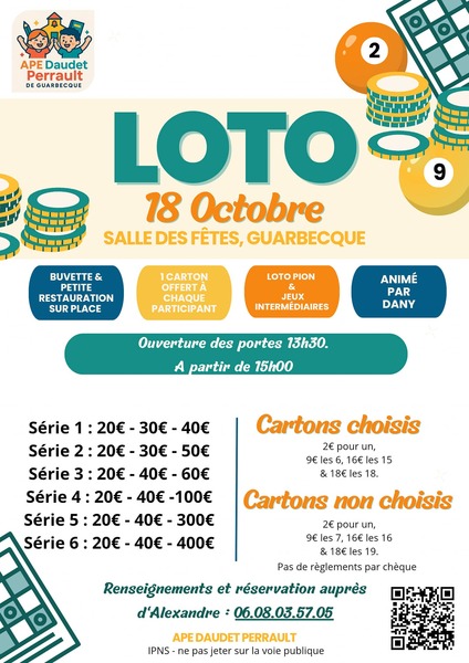 Un loto sera organisé ce samedi 18 octobre à Guarbecque.