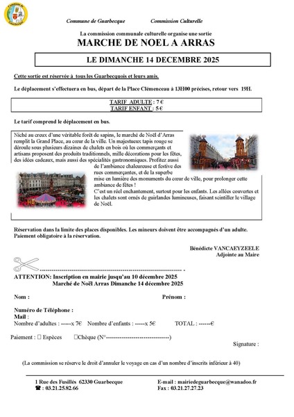 Déplacement au marché de Noel de Arras ce dimanche 14 décembre au départ de Arras