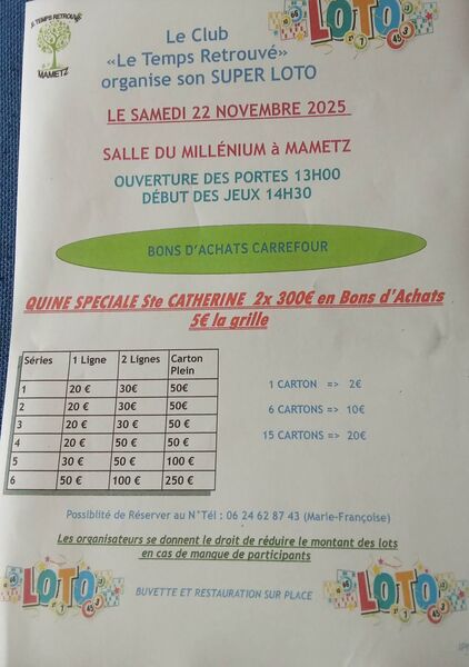 Un loto est organisé ce samedi 22 novembre dabs la salle du Millénium de Mametz