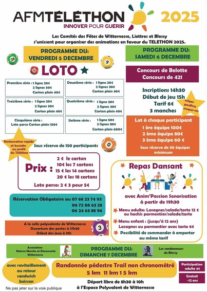 Le téléthon des communes de Witternesse, Liettres et Blessy se déroulera le week-end du vendredi 5 décembre au dimanche 7 décembre