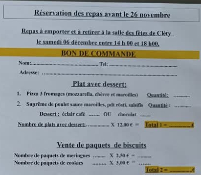 Repas à emporter ce samedi 6 décembre à Cléty pour le téléthon