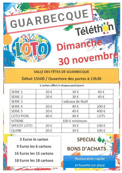 Loto du téléthon ce dimanche 30 novembre à Guarbecque