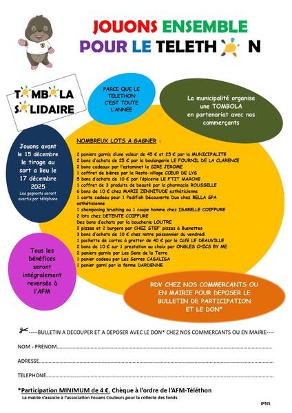 Tombola pour lé téléthon à Gonnehem. Participez avant le 15 décembre