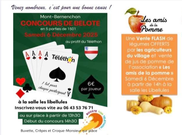 Concours de belote et vente de légumes ce samedi 6 décembre à Mont bernenchon