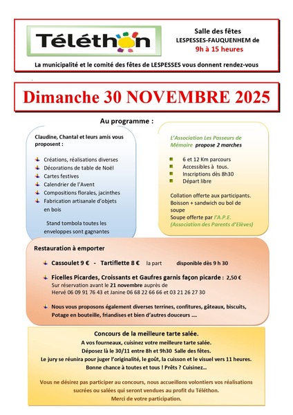 Une journée au profit du téléthon à Lespesses ce dimanche 30 novembre.