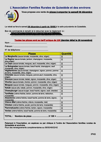 Des pizzas à emporter ce samedi 6 décembre à Quiestede