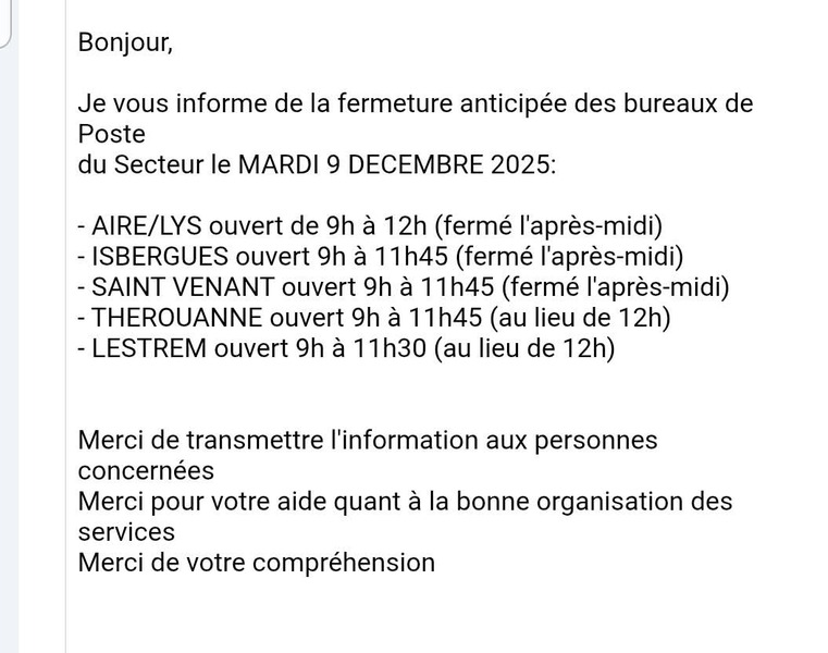 Fermeture des bureaux l'après midi du 9 décembre