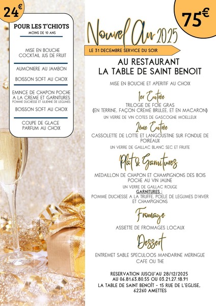 Réveillon de la nouvelle année au restaurant la table de Saint Benoit