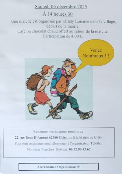 Une randonnée en faveur du téléthon ce samedi 6 décembre à Cléty