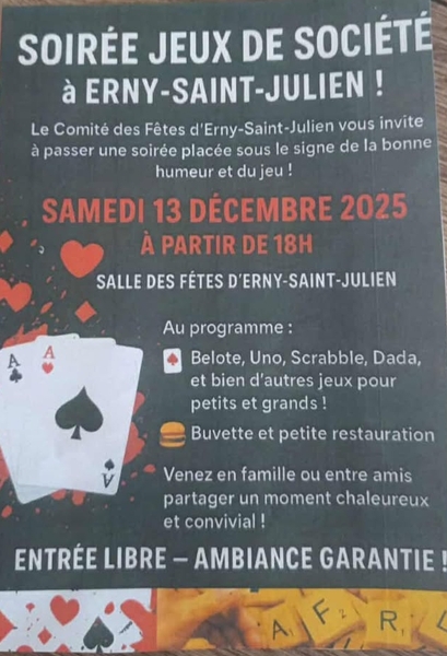 Soirée jeux de société ce samedi 13 décembre à Erny Saint Julien