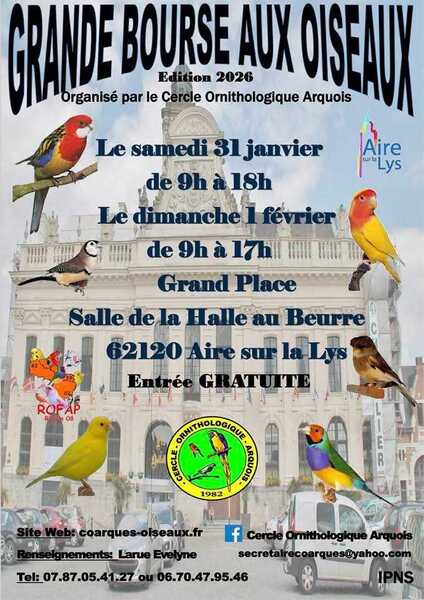 Grande bourse aux oiseaux ce samedi 31 janvier et dimanche 1 février à Aire sur la Lys