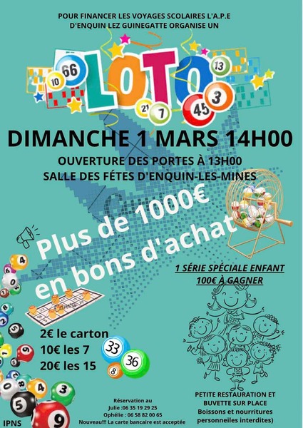 Un loto ce dimanche 1 mars à Enquin lez Guinegatte