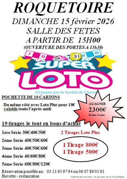 Un super loto sera organisé ce dimanche 15 février à Roquetoire