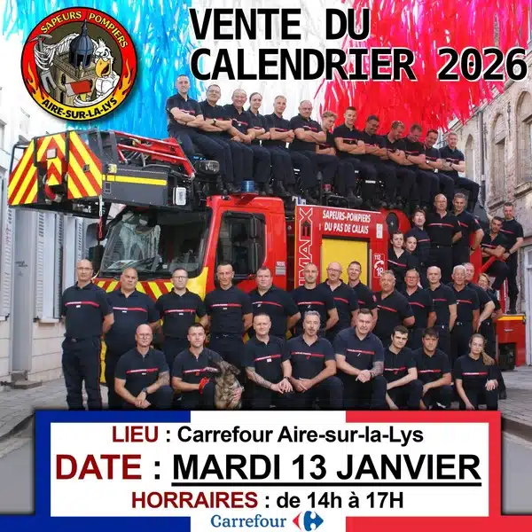 Vente du calendrier des pompiers de Aire sur la Lys ce mardi 13 janvier à Carrefour