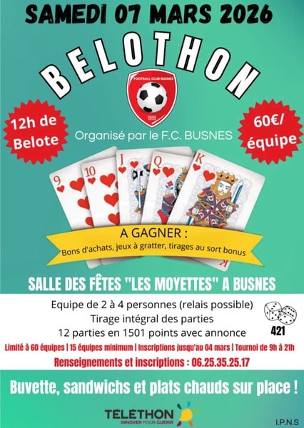 Belethon ce samedi 7 mars à Busnes, concours de belote par équipe