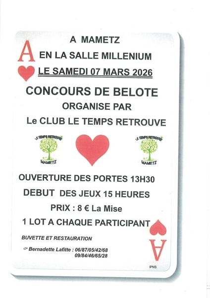 Un concours de belote est programmé pour ce samedi 7 mars à Mametz