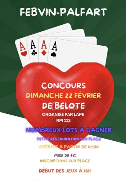 Un concours de belote est organisé ce dimanche 22 février à Febvin Plafart