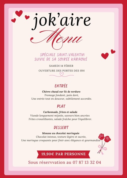 Menu spécial Saint Valentin ce samedi 14 février au Jok'Aire d'Aire sur la Lys