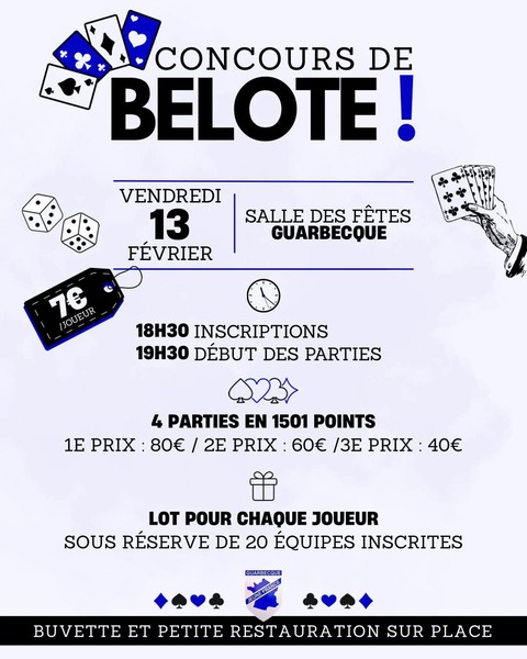 Un concours de belote est organisé ce vendredi 13 février à Guarbecque