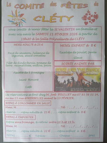 Soirée Saint Valentin ce samedi 21 février à Cléty