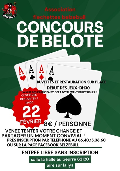 Un concours de belote sera organisé ce samedi 22 février à Aire sur la Lys