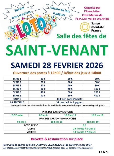 Un loto est organisé ce samedi 28 février à Saint Venant