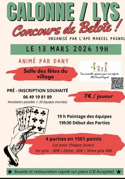 Concours de belote ce vendredi 13 mars à Calonne sur la Lys