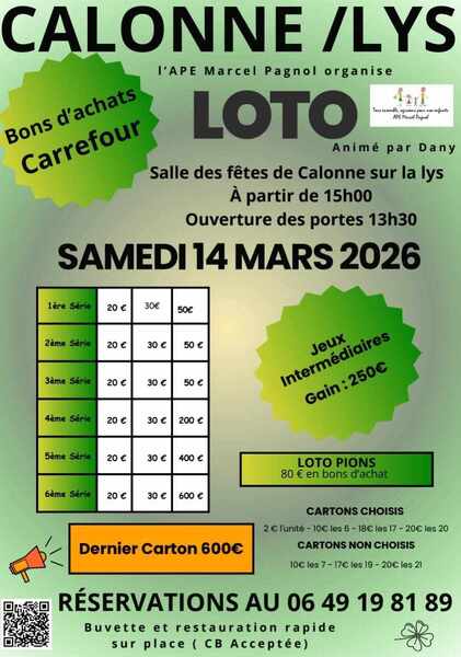 Un loto sera organisé ce samedi 14 février à Calonne sur la Lys